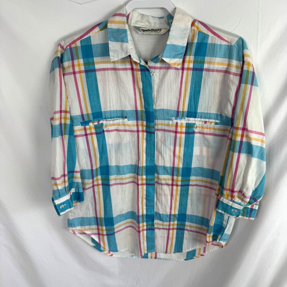 Diane Von Frustenburg Women's Vintage Top Size Medium Plaid 3/4 Sleeves